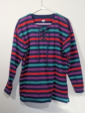 Lands End Womens L Striped Lace Up Top Nautical Long Sleeve Cotton Multicolor